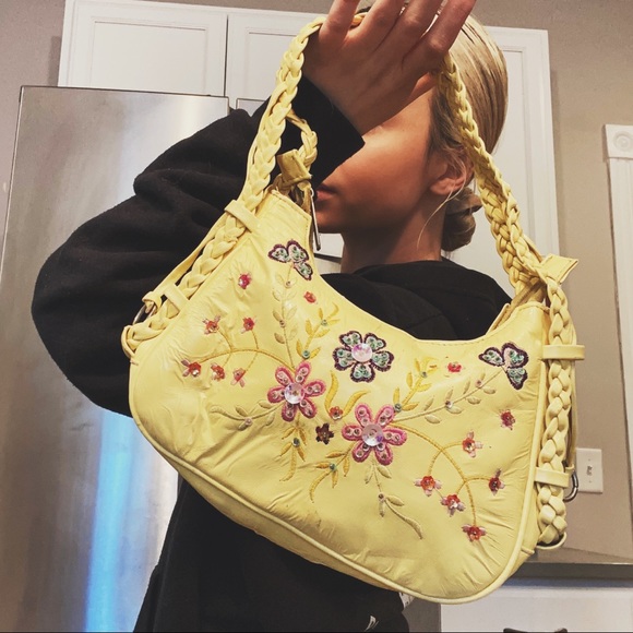 Vintage Handbags - Vintage Y2K Yellow Beaded Retro Shoulder Bag